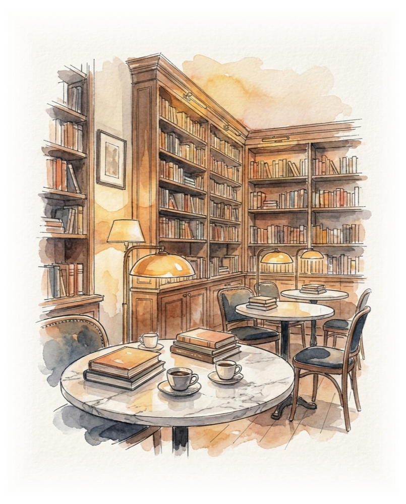 Ilustração em aquarela de um café com estantes, mesas e livros